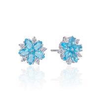 Sterling Silver Stud Earring, Argent sterling 925, fleur, Plaqué d'argent, pavé de micro zircon & pour femme, bleu  1.5mm, Vendu par paire