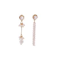 Zinc Alloy Asymmetric Earrings, with Crystal & Plastic Pearl, zinc alloy post pin, plated, micro pave rhinestone & for woman, gold, 76-91mm 