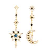 Zinc Alloy Asymmetric Earrings, with 925 Sterling Silver & Rhinestone, plated, for woman & hollow, gold, 78mm 