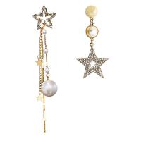 Zinc Alloy Asymmetric Earrings, with Rhinestone & Plastic Pearl, zinc alloy post pin, plated & for woman, gold, 76-91mm 