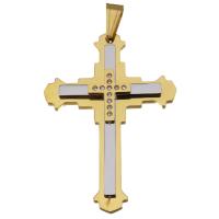 Edelstahl Kreuz Anhänger, mit Strass, Goldfarbe, 43x61x6mm, Bohrung:ca. 5.5x9mm, verkauft von PC