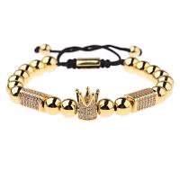 Cubic Zirconia Micro Pave Brass Bracelet, with Nylon Cord & Zinc Alloy, Crown, micro pave cubic zirconia & for man, gold, 8mm .8 Inch 