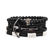 aleación de zinc Pulsera, con Cuero de PU, Ancla, chapado en color de platina, multicapa & unisexo & ajustable, negro, 37x45mm, longitud:aproximado 7.08 Inch, Vendido por Set