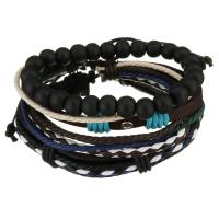 Gewachsten Baumwollkordel Armband-Set, mit Leder & Holz, unisex, schwarz, 8-15mm, Länge:ca. 7-10 ZollInch, verkauft von Strang