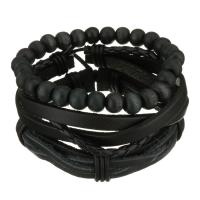 Cuir Set de bracelet, avec Ciré de coton & bois, unisexe, noir, 8-16mm Environ 7-10 pouce, Vendu par brin