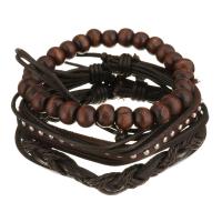 Leder Armband-Set, mit Gewachsten Baumwollkordel & Holz, unisex, schwarz und braun, 9-18mm, Länge:ca. 7-10 ZollInch, verkauft von Strang