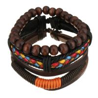 Leder Armband-Set, mit Gewachsten Baumwollkordel & Holz, unisex, schwarz und braun, 8-21mm, Länge:ca. 7-10 ZollInch, verkauft von setzen