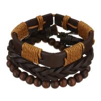 Leder Armband-Set, mit Gewachsten Baumwollkordel & Holz, unisex, braun, 8-15mm, Länge:ca. 7-10 ZollInch, verkauft von setzen