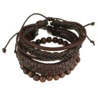 Leder Armband-Set, mit Gewachsten Baumwollkordel & Holz, unisex, braun, 8-16mm, Länge:ca. 7-10 ZollInch, verkauft von setzen