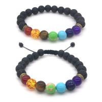 Lava Bead Bracelet, with Elastic Thread & Gemstone, Round, Unisex, 8mm Approx 7 Inch 