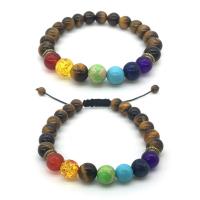 Tiger Eye Stone Bracelets, with Gemstone & Brass, Round, plated, Unisex & adjustable, 8mm Approx 7 Inch 