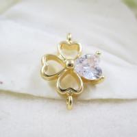 Cubic Zirconia Micro Pave Brass Pendant, Four Leaf Clover, gold color plated, micro pave cubic zirconia, 14.5*11mm 