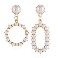 Zinc Alloy Asymmetric Earrings, with Plastic Pearl, gold color plated, for woman, white, 59mm,23mm,48mm,29mm 