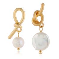 Zinc Alloy Asymmetric Earrings, with Plastic Pearl, gold color plated, for woman, white 