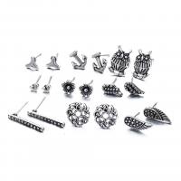 aleación de zinc Stud aretes, chapado en color de plata, Vintage & nueve piezas & hueco, 5.3mm,10.4mm,15.2mm,11.8mm,7mm,20.6mm,7.6mm, 9Strandsfilamento/Set, Vendido por Set