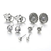 aleación de zinc Stud aretes, con Cristal, chapado, 5 piezas & Vintage & multicapa, plateado, 4mm,8mm,9mm,17mm,18mm, 5Strandsfilamento/Set, Vendido por Set