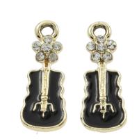 Musikinstrument Zinklegierung Anhänger, Gitarre, goldfarben plattiert, Emaille & mit Strass, schwarz, 9x24x4mm, Bohrung:ca. 3mm, 1000PCs/Tasche, verkauft von Tasche