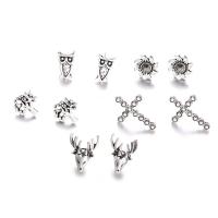 aleación de zinc Stud aretes, chapado en color de plata, 5 piezas & para mujer, 10mm, 20mm, 15mm, 5parespareja/Set, Vendido por Set