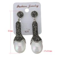 Rhinestone Clay Pave Drop Earring, with rubber earnut & Freshwater Pearl, for woman, black, 63mm 