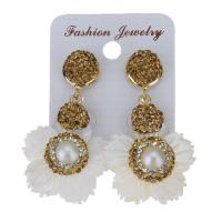 Rhinestone Clay Pave Drop Earring, with rubber earnut & White Shell, Flower, for woman, gold, 49mm 