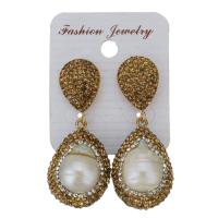 Rhinestone Clay Pave Drop Earring, with rubber earnut & Freshwater Pearl, Teardrop, for woman, gold, 52mm 