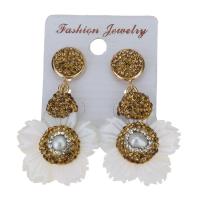 Rhinestone Clay Pave Drop Earring, with rubber earnut & White Shell, Flower, for woman, gold, 48mm 