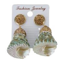 Rhinestone Clay Pave Drop Earring, with rubber earnut & Shell, Shell, for woman, gold, 47mm 