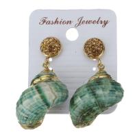 Rhinestone Clay Pave Drop Earring, with rubber earnut & Shell, Shell, for woman, gold, 44mm 