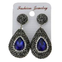 Rhinestone Clay Pave Drop Earring, with rubber earnut & Gemstone, Teardrop, for woman, black, 48mm 