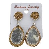 Rhinestone Clay Pave Drop Earring, with rubber earnut & Gemstone, Teardrop, for woman, gold, 45mm 