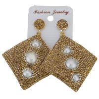 Rhinestone Clay Pave Drop Earring, with rubber earnut & Freshwater Pearl, for woman, gold, 66mm 