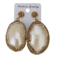 Rhinestone Clay Pave Drop Earring, with rubber earnut & Freshwater Pearl, for woman, gold, 66mm 