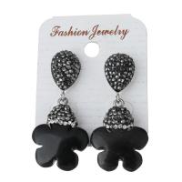 Rhinestone Clay Pave Drop Earring, with rubber earnut & Black Agate, Flower, for woman, black 43mm 