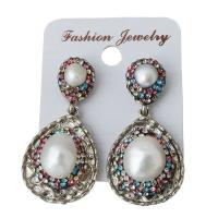 Rhinestone Clay Pave Drop Earring, with rubber earnut & Freshwater Pearl, Teardrop, for woman 41mm 