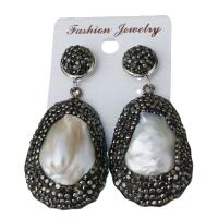 Rhinestone Clay Pave Drop Earring, with rubber earnut & Freshwater Pearl, Teardrop, for woman 54mm 