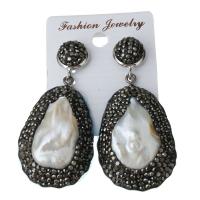 Rhinestone Clay Pave Drop Earring, with rubber earnut & Freshwater Pearl, Teardrop, for woman 56mm 