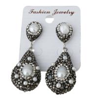 Rhinestone Clay Pave Drop Earring, with rubber earnut & Freshwater Pearl, Teardrop, for woman 49mm 