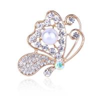 Zinc Alloy Jewelry Brooch, with Plastic Pearl, Butterfly, plated, for woman & with rhinestone 30*47mm 