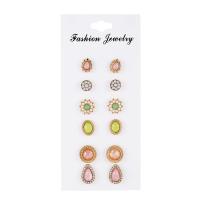 Zinc Alloy Stud Earring Set, with Resin, plated, 6 pieces & for woman & with rhinestone, multi-colored, 9mm,12mm,13mm,14mm,15mm, 6/Set 