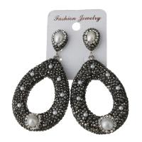 Rhinestone Clay Pave Drop Earring, with rubber earnut & Freshwater Pearl, Teardrop, for woman, black 69mm 