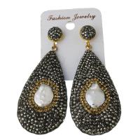 Rhinestone Clay Pave Drop Earring, with rubber earnut & Freshwater Pearl, Teardrop, for woman 68.5mm 