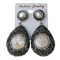 Rhinestone Clay Pave Drop Earring, with rubber earnut & Freshwater Pearl, Teardrop, for woman 55mm 