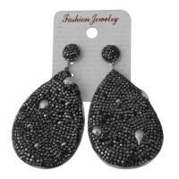 Rhinestone Clay Pave Drop Earring, with rubber earnut & Freshwater Pearl, Teardrop, for woman, black 62.5mm 