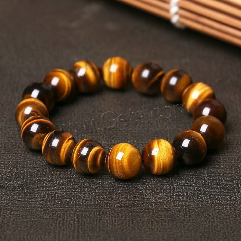 Tiger Eye Stone Bracelets, Round, natural, Unisex & different size for choice, yellow, Length:Approx 7 Inch, Sold By Strand