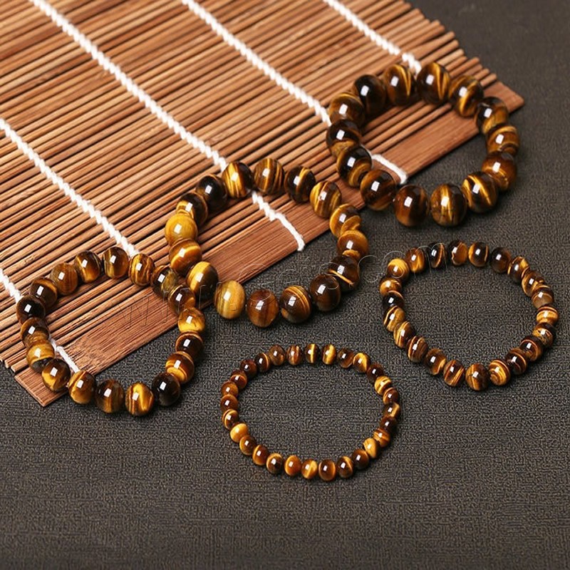 Tiger Eye Stone Bracelets, Round, natural, Unisex & different size for choice, yellow, Length:Approx 7 Inch, Sold By Strand