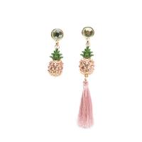 Zinc Alloy Asymmetric Earrings, with Cotton Thread, stainless steel post pin, Pineapple, plated, for woman & with rhinestone 75mm 