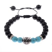 Bracelet obsidienne noire, avec turquoise synthétique, hibou, Réglable & unisexe, 8mm .5-9.8 pouce, Vendu par PC