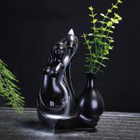 Incense Smoke Flow Backflow Holder Ceramic Incense Burner, Porcelain, half handmade, for home and office & durable, black 