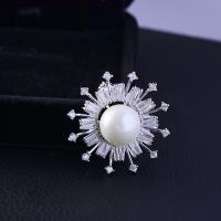 metal broche, con Perlas plásticas, Flor, chapado en color de plata, micro arcilla de zirconia cúbica & para mujer, 30*30mm, Vendido por Par