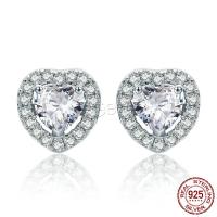 925 Sterling Silver Stud Earring, Heart, platinum plated, micro pave cubic zirconia & for woman 